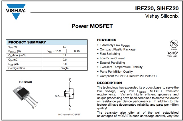 IRFZ20 DATASHEET
